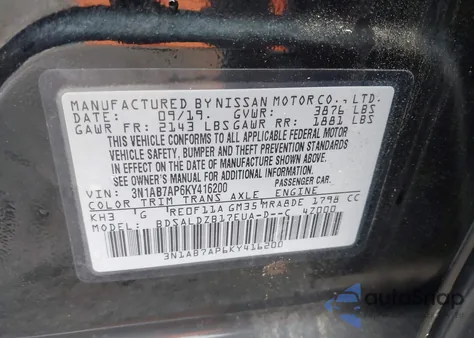 2019 Nissan Sentra Sv z USA, uszkodzony, nr VIN 3N1AB7AP6KY416200